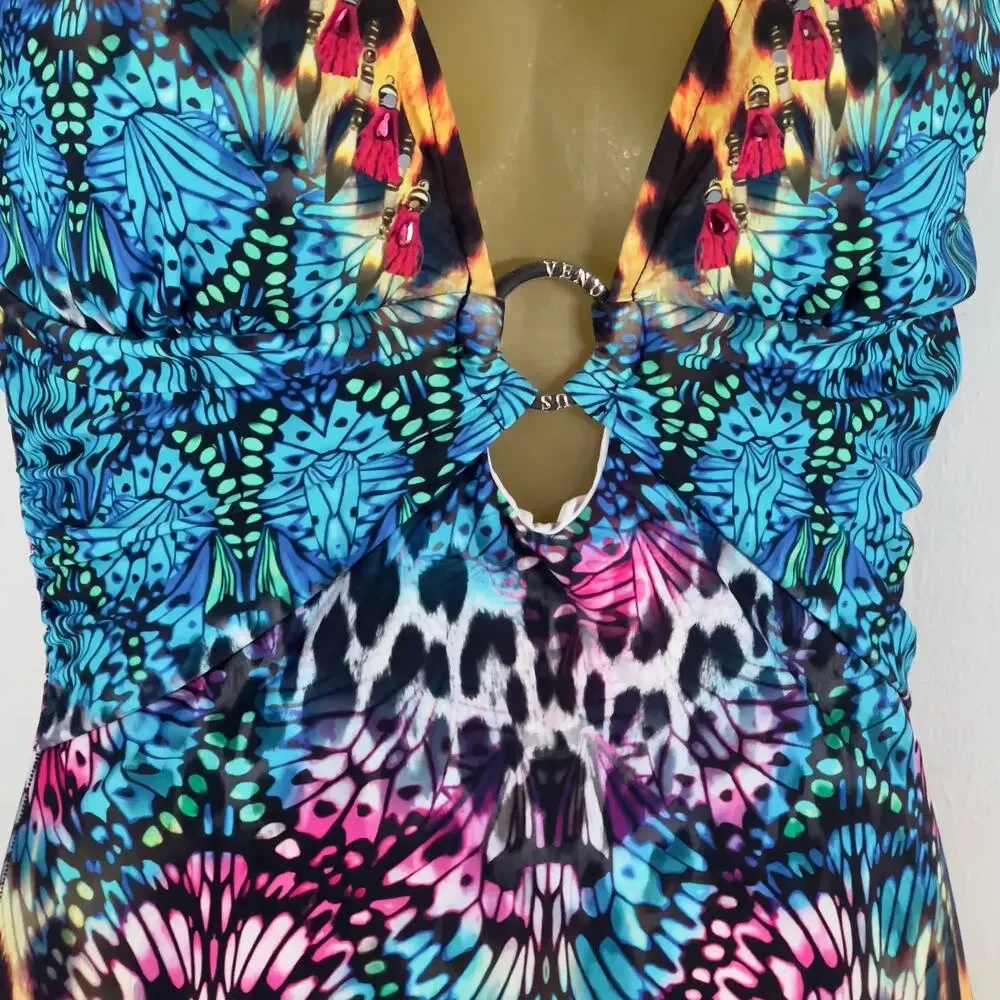 Venus Jungle Party One-Piece Swimsuit V-Neck Gold Ring Animal Print Womens 12